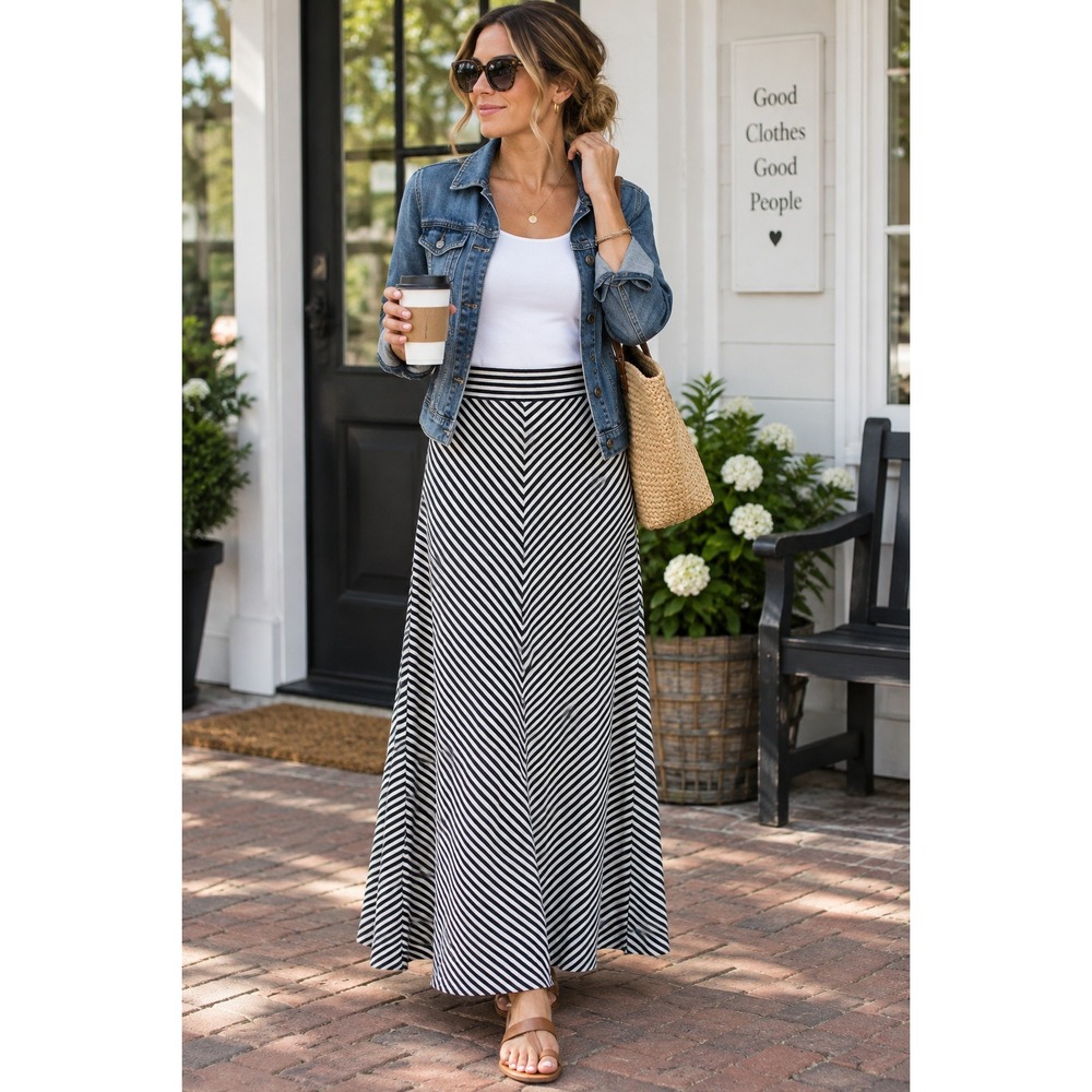 LOFT Outlet Women's Chevron Striped Knit Maxi Skirt Navy White XS Classic Preppy
